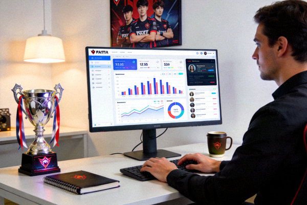 电竞俱乐部经理在办公室使用平台进行数据分析和粉丝运营的场景